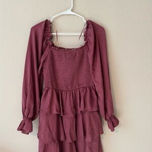 Ruffled Long Sleeve Dress in Burgundy